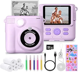 Instant Print Camera for Kids - 2.4" HD 1080P - with 32GB SD Card, 5 Markers, Stickers, 5 Paper Rolls, Lanyard. Camera Boys and Girls from 3 to 14 Years Old. (Purple)