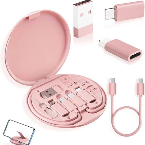 USB-C Travel Adapter Kit with Storage Box and SIM Card Holder, Lightning to C and Micro-USB to C Female, Short Cable, Fast Charge for iPhone and Android