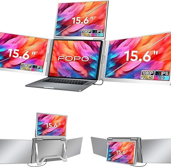 FOPO 15.6" Laptop Screen Extender Monitor Portable, Quad Monitor, Just 1 Cable for 3 Screens, FHD 1080P IPS Laptop Extender Compatible with Wins/Mac for 13.6" - 17.3" Laptops